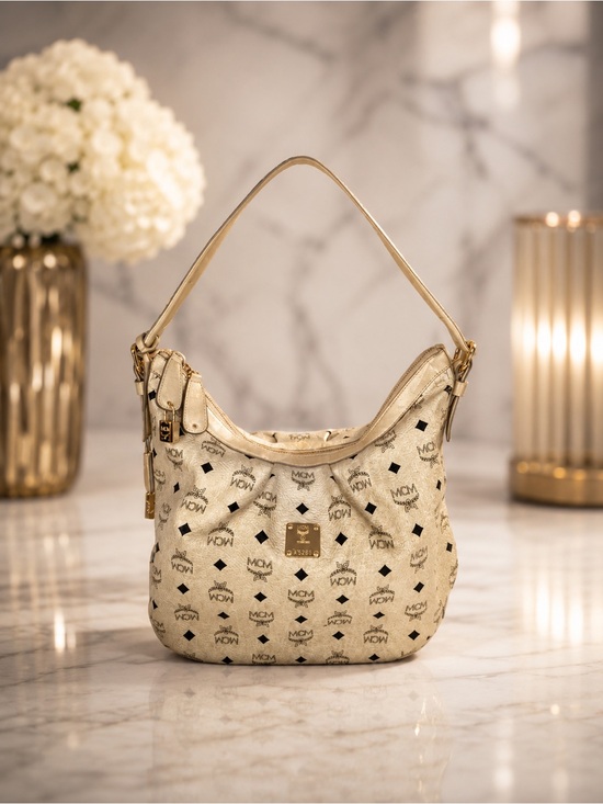 MCM Handbags - MCM Light Beige Visetos Leather Monogram Hobo Shoulder Bag | Lock & Key Included